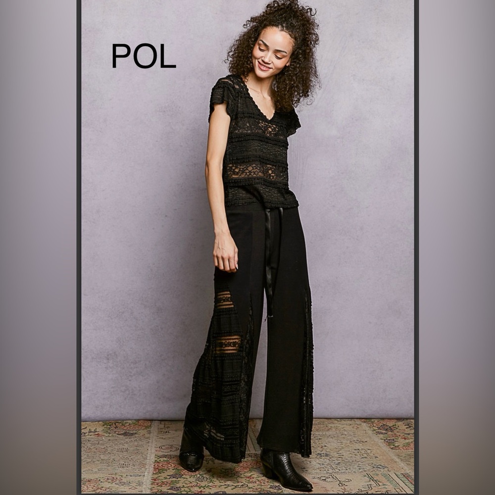 BPB217-9🖤NEW! POL spectacular black tie waist pants w/lace inset bottoms! wow! - Picture 6 of 7